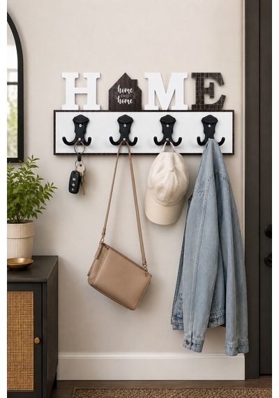 Home Dekoratif Duvar Askılığı 4 Lü 8 Asma Uçlu Mont Çanta Anahtar Askısı 45x20 Cm Gri