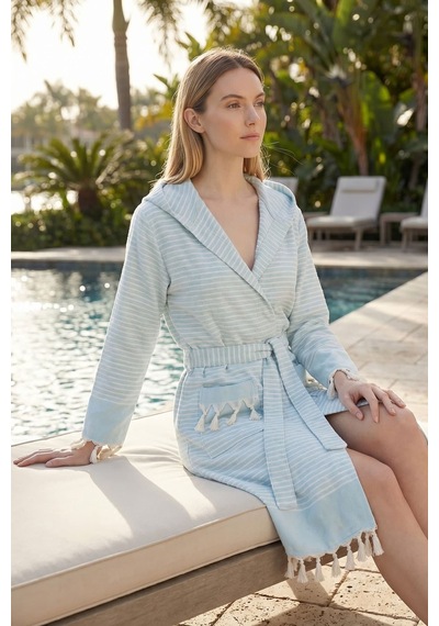 Kapşonlu Unisex Peştemal Plaj Bornozu %100 Pamuklu Seaside Stripe Turkuaz