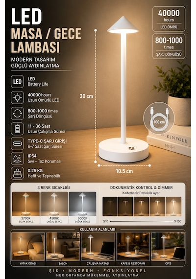 Şarjlı Usb'li Led'li Beyaz Gece Lambası 3 Farklı Işık Modlu Dokunmatik Dimmerli Dekoratif Metal Masa Lambası