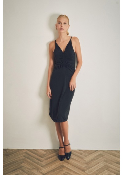 Fullamoda Önü Büzgülü Askılı Elbise 24ygb7548215602-siyah Siyah