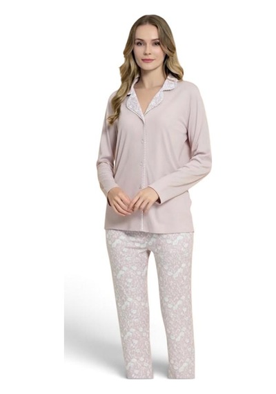 Pijadore Kadın Önü Düğmeli Uzun Kollu Mevsimlik Pijama Takımı 2236 Pembe