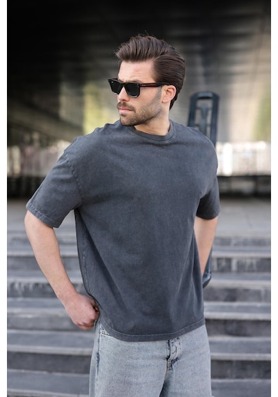 Madmext Siyah %100 Pamuklu Oversize Erkek Tişört E7178 Siyah