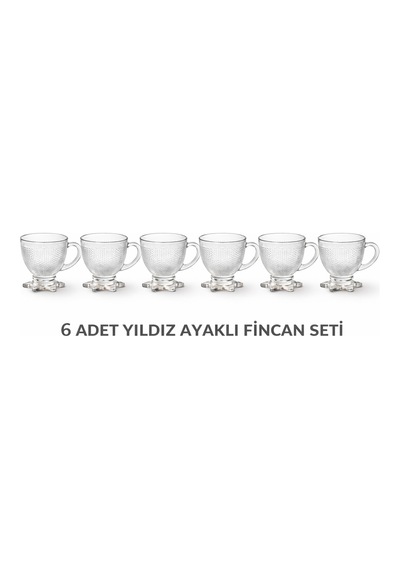 6 Lı Cam Çay Fincanı Seti 210 Ml Yıldız Ayaklı Kendinden Desenli Kulplu Çay,kahve Fincanı Takımı Şeffaf