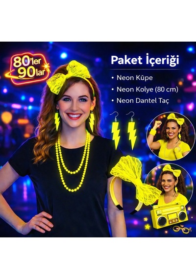 80 Ler 90 Lar Neon Sarı Parti Seti Kolye Küpe Taç - Mg-874158