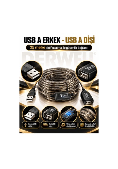 Yeni 2026 25 Metre Usb 2.0 Aktif Uzatma Kablosu Dahili Güçlendirilmiş Sinyal Çipli Kopma Donma Yapmaz Tak Çalıştır Erkek Dişi Yüksek Hızlı Kararlı Veri Aktarım Kablosu Gold Seri Premium