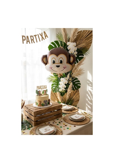 Safari Maymun Kafa Folyo Balon 42x41 Cm Safari Temalı Çocuk Doğum Günü Parti Süsü Çok Renkli