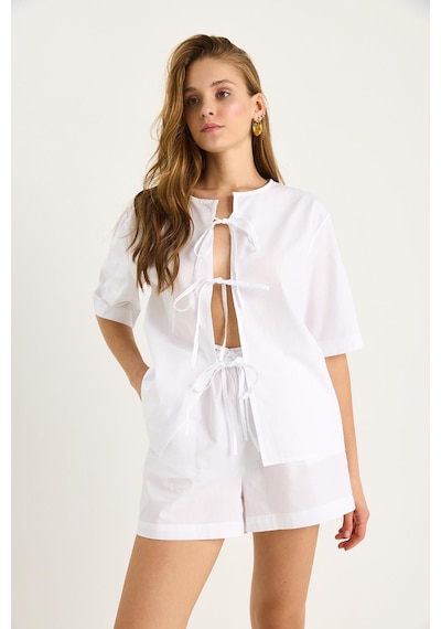 Shade Kadın Masai Bağlamalı Gömlek Beli Lastikli Cep Detaylı Şort Poplin Takım 9371 60281097 - Beyaz