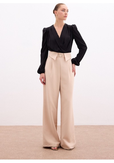 Sateen Bel Detaylı Geniş Paça Pantolon Bej