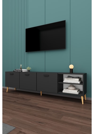 Asra Trend Tv Ünitesi T-21 %100 MDF 200 cm Büyük Boy Tv Sehpası Dolaplı Raflı Koyu Gri