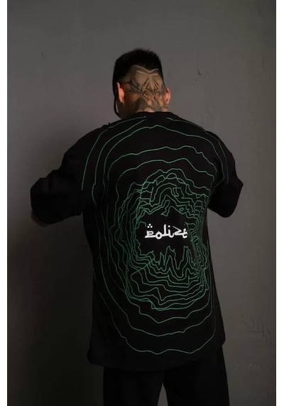 Yake Store Erkek Bisiklet Yakalı Sırt Baskılı Oversize T-shirt - Siyah - Siyah