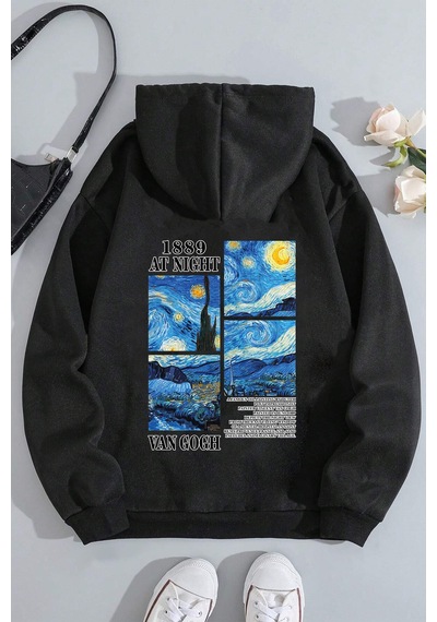 Vangogh Baskılı Oversize Sweatshirt Siyah