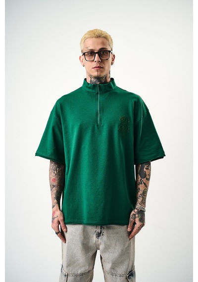 Respire Erkek 3 Nakışlı Yarım Fermuarlı Oversize T-shirt Nefti