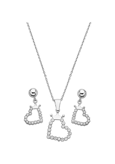 925 Ayar Gümüş Taç Figürlü Kalp Set - 67020502 Gümüş