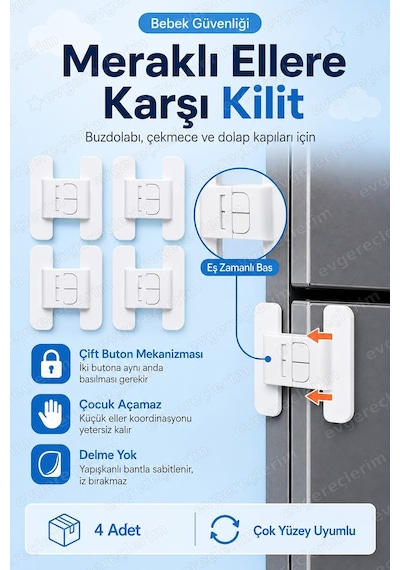 Buzdolabı Mutfak Dolap Kapağı Çocuk Güvenlik Kilidi 4 Adet Beyaz