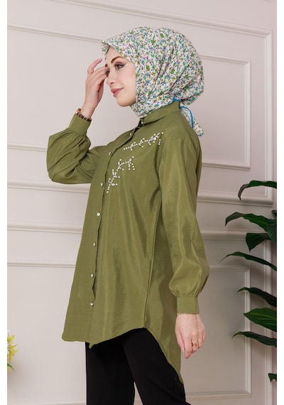 Sevitli Önü İnci Taş İşlemeli Tunik-yeşil-4796 Yeşil