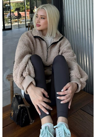 Bej Peluş Fermuar Yaka Sweatshirt Mg1413 Bej
