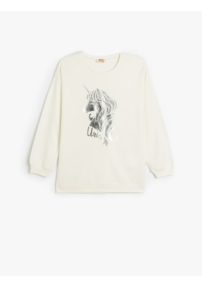 Koton Sweatshirt Unicorn Baskılı Uzun Kollu Bisiklet Yaka Pamuklu Ekru 5skg10182ak Ekru