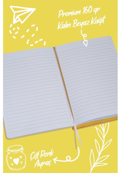 Bujo Defter Vegan Deri , 96 Yaprak, 160 Gr. Beyaz Kağıt ,cepli ,lastikli Sarı