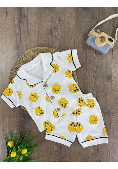Kruvaze Yaka Önden Düğmeli Rahat Kalıp Yazlık Unisex Bebek Pijama Takımı %100 Pamuk 4bb2 Beyaz
