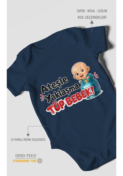 Morivokids Ateşle Yaklaşma Tüp Bebek Kısa Kollu Bebek Body %100 Pamuk Lacivert