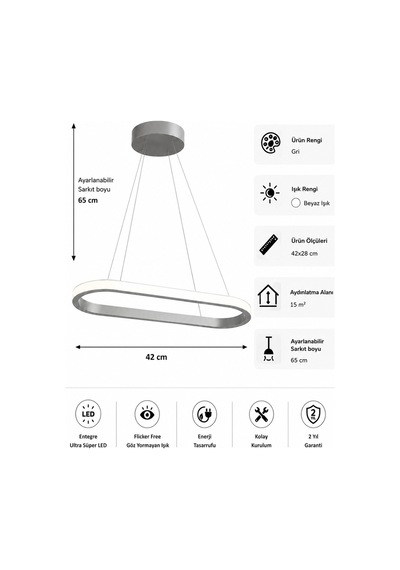 AvizeGO Elipso Led Sarkıt Avize Beyaz Işık Gri