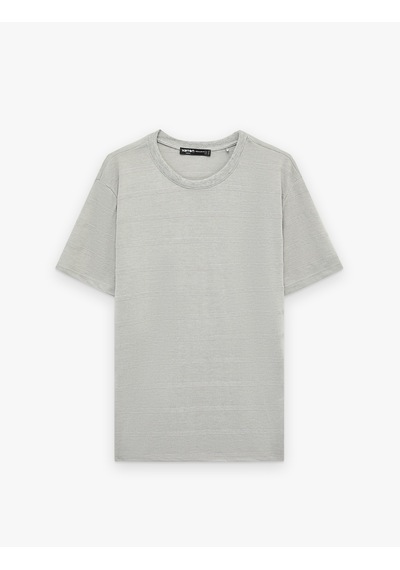 Koton Regular Fit Kısa Kollu Viskon Karışımlı Dokulu Bisiklet Yaka Tişört Gri 6sam10398mk