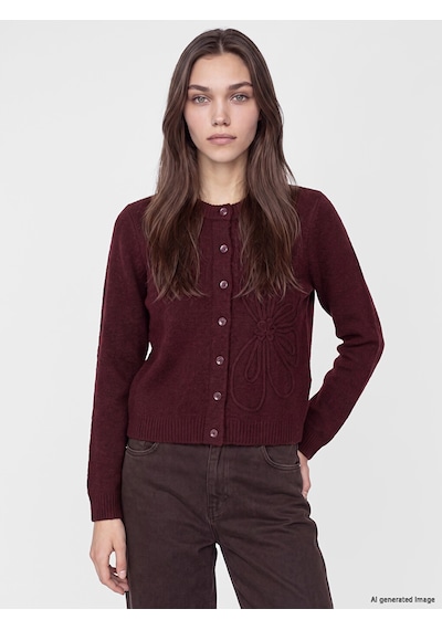 Lcw Modest Bordo Bisiklet Yaka Çiçek Nakışlı Kadın Triko Hırka