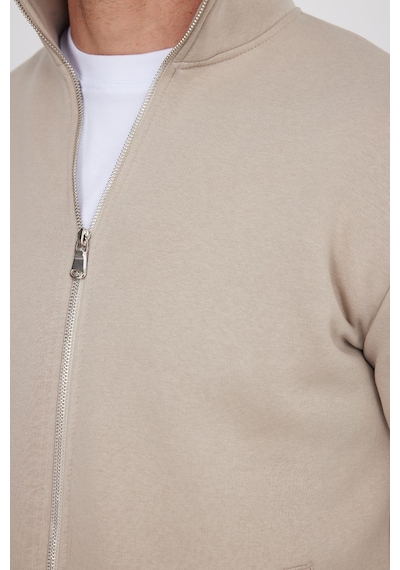 Tudors Unisex Relax Fit Rahat Kesim Pamuklu 3 İplik İçi Polarlı Fermuarlı Cepli Taş Sweatshirt Hırka-41679 Taş