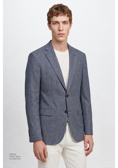 Altınyıldız Classıcs Erkek Mavı Yünlü Slim Fit Dar Kesim Mono Yaka Kapak Cepli Armürlü Blazer Ceket Mavi