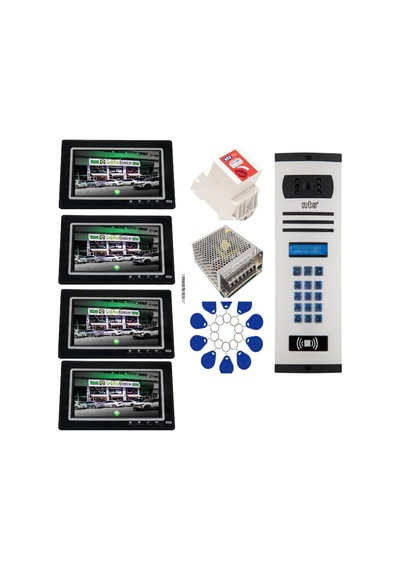 4 Daire Nts 2015-s 7'' Görüntülü Diafon Siyah-8004 Tuş Takımlı Şifreli+geçişli Zil Panelli Set