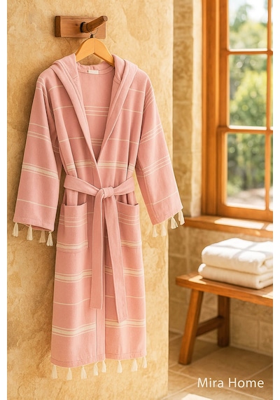 Kapüşonlu Kadın / Erkek Peştemal Bornoz Soft %100 Pamuklu Natural Pembe
