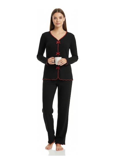 Epilons Zenvial Premium Kadın 4 Lü Fitilli Set Siyah Kırmızı Biyeli Pijama Üst, Pantolon, Bikini Takımı Zenviall