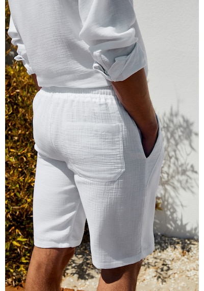 Grimelange Jens Erkek %100 Pamuk Müslin Kumaş Yanları Cepli Slim Fit Dar Kesim Beyaz Şort