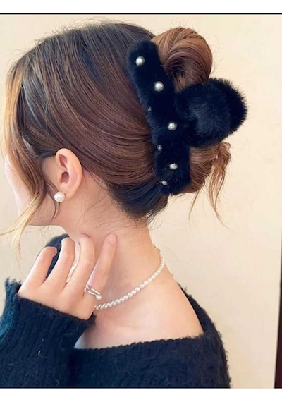Büyük Boy İnci Peluş Mandal Toka 12 Cm Siyah