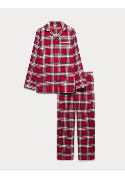 Marks & Spencer Saf Pamuklu Kareli Pijama Takımı Kırmızı