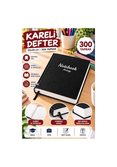 Ciltli Kareli Defter 300 Yaprak 20x28cm 1 Adet Çok Yapraklı Sert Kapaklı Not Hesap Defteri Okul Ofis Büro Siyah