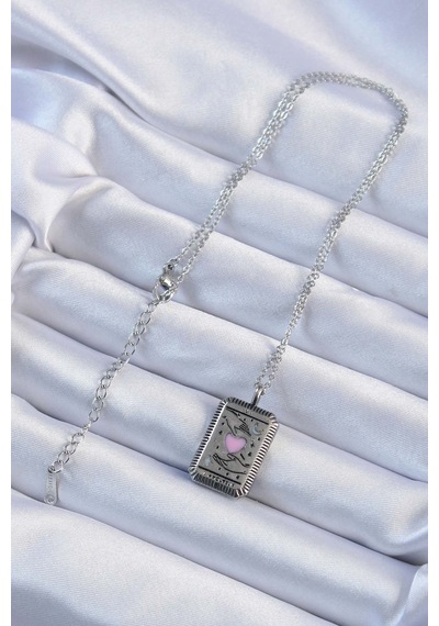 316l Çelik Zincir Eskitme Gümüş Renk Pembe Mineli Figürlü Tarot Kolye