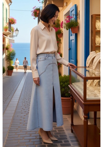 Benerly Kadın Maxi Denim Etek Yüksek Bel Yırtmaçlı Uzun Kesim %99 Pamuk K Açık Mavi