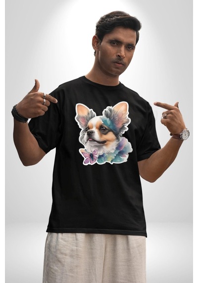 Chihuahua Köpek Pamuklu Bisiklet Yaka Unisex Oversize Boyfriend Dijital Baskılı Siyah T-shirt Siyah
