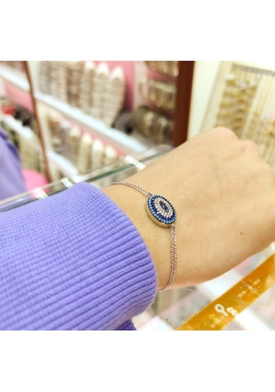 Oriental Kuyumculuk Jewellery Yassı Nazar Boncuklu Gümüş Bileklik Gümüş
