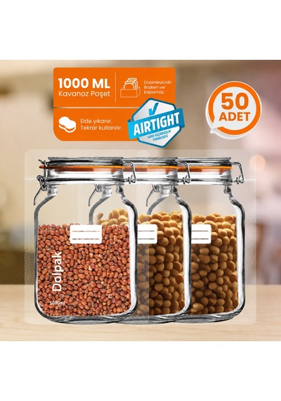 Çevreci, Geri Dönüştürülebilir, Kavanoz Görünümlü, Kilitli, Gıda Saklama Poşeti 17x27 Cm - 1000 Ml 50 Adet