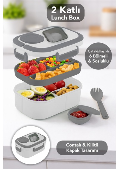 Bondie Kilitli Kapak Yemek Kabı - 2 Katlı Bölmeli Kaşık Ve Sosluklu Lunch Box Beslenme Kutusu Gri