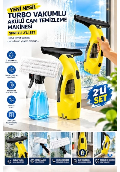 Yeni Nesil Turbo Vakumlu Akülü Cam Temizleme Makinesi Spreyli 2 Li Set Şarjlı Cam Silme Ve Su Çekm Beyaz