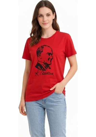 Wear Vexel Kadın Atatürk Baskılı Tişört Kısa Kollu Bisiklet Yaka T-shirt - Kırmızı Kırmızı