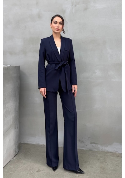 Msm Fashion Kadın İkili Kuşaklı Blazer Ceket Pantolon Takım Lacivert
