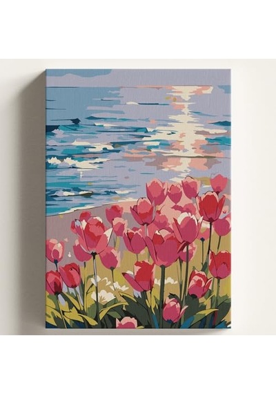 Sayılarla Boyama Tuval Hobi Seti Sahilde Laleler Temalı Fırça Ve Boya Dahil Set Çıtalı 40x50 Cm Kendin Yap Sayılarla Tuval Boya Kiti Kasnaklı