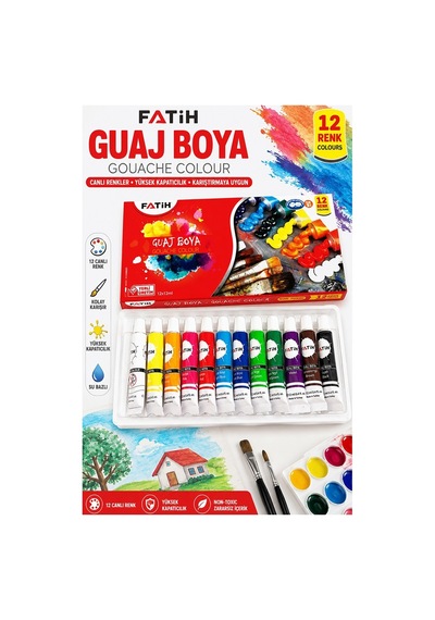 Guaj Boya 12 Renk 12 Ml 1 Paket Fatih Guaj Boya 12 Li Canlı Renkler Ahşap Tuval Taş Ağaç Resim Dersi Okul Öğrenci Çok Renkli