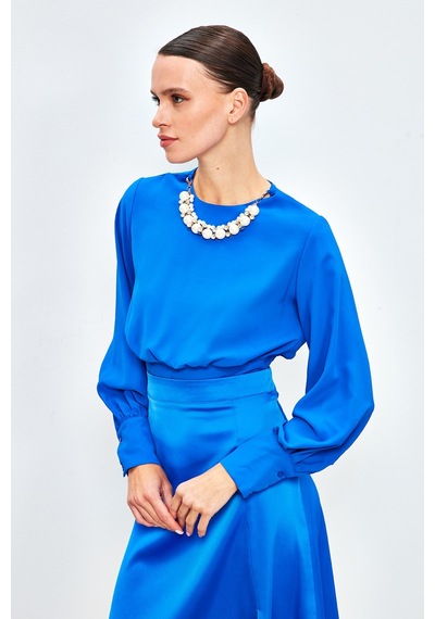 Sateen Kolye Detaylı Crop Bluz - Sax Mavi