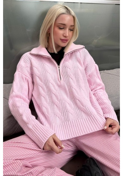 Madmext Pembe Örgü Desenli Fermuarlı Yaka Kadın Triko Kazak Mg2546 Pembe