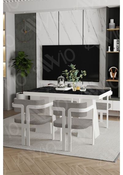 Avvio Lucas Lake Mdf Ayak Tokyo Demonte Sandalye 80x120 Yemek Masası Mutfak Masası 4 Kişilik Siyah Mermer